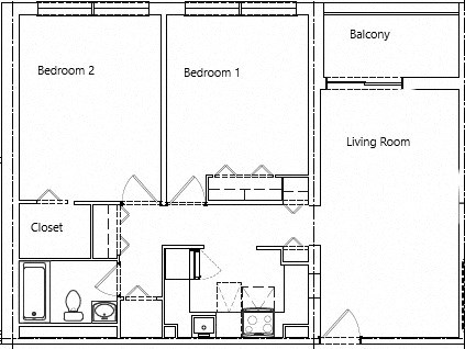 Floor plan for 2 beds, 1 bath, 994 sqft